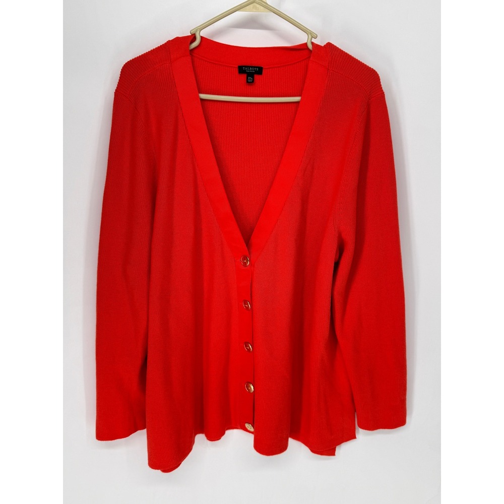 Talbots Cardigan Women 2XP Orange V-Neck Ribbed Knit Button Front Trim